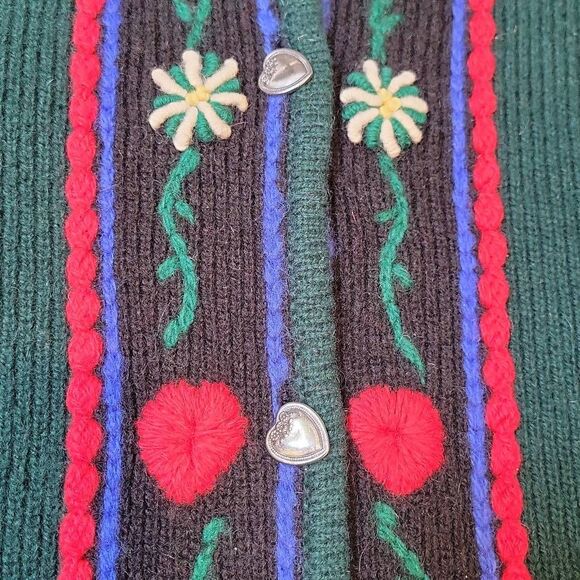 VINTAGE WINONA HAND EMBROIDERED WOOL CARDIGAN SIZE M GREEN RED - Picture 6 of 6